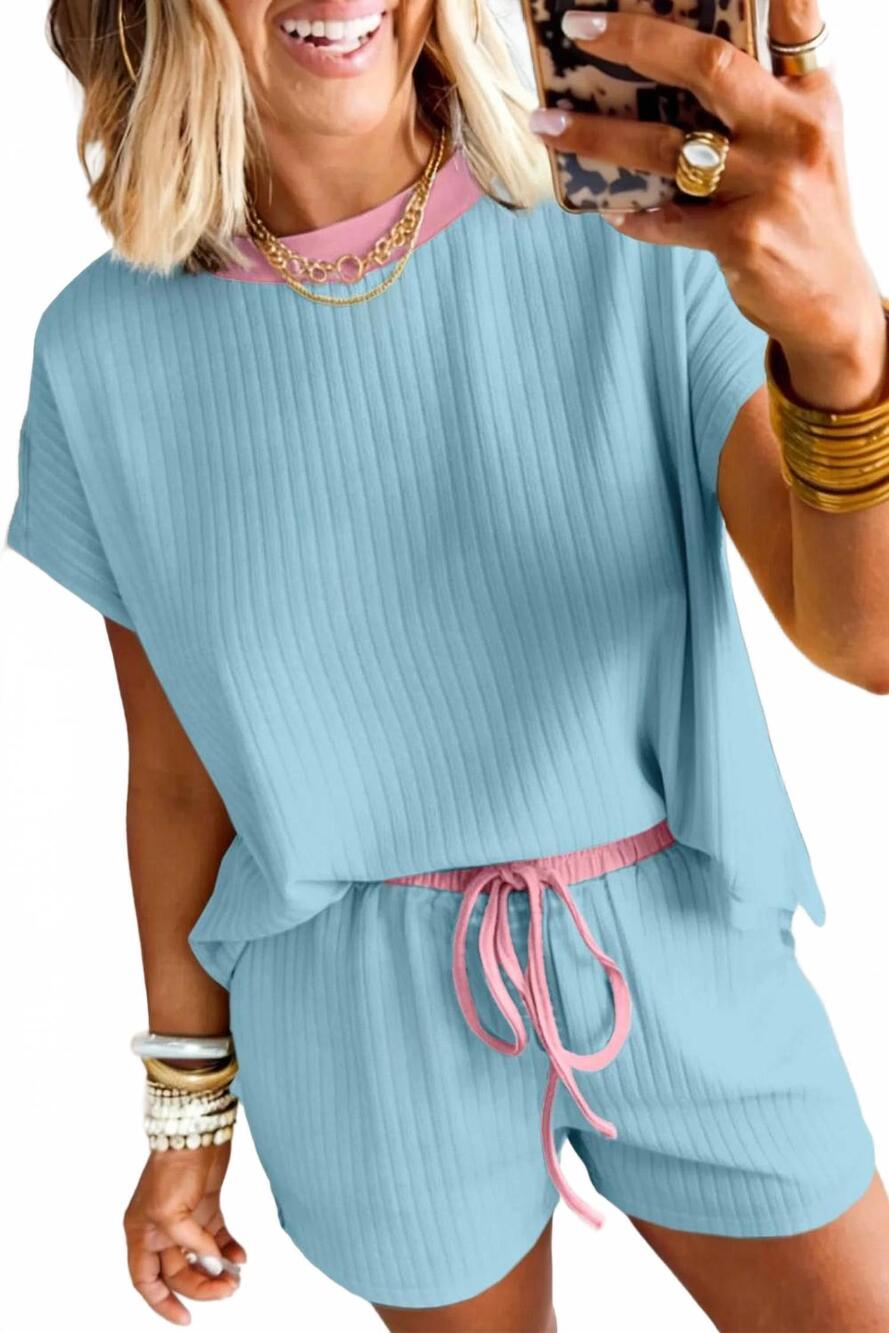 NEW SHEWIN soft ribbed color block trim casual short set in light blue